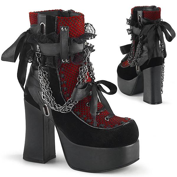 Demonia Women's Charade-110 Platform Ankle Boots - Black Vegan Leather/Red D8146-02US Clearance